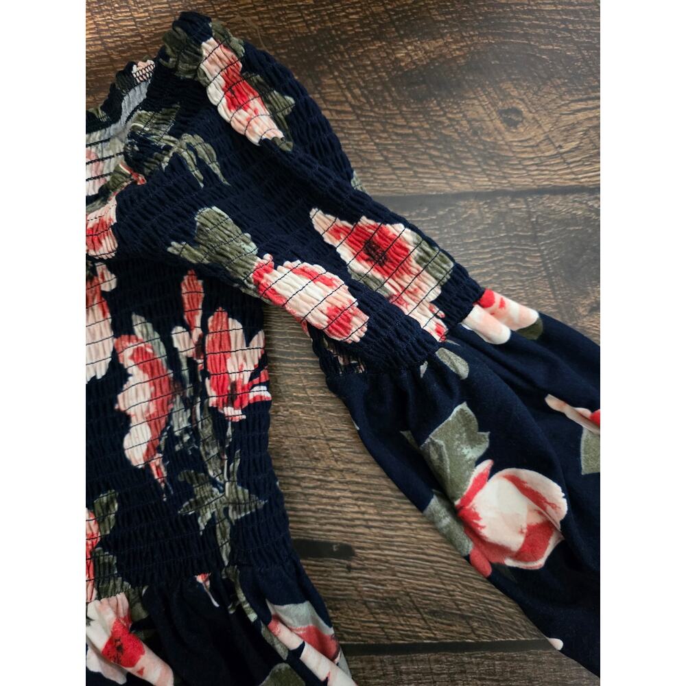 J for Just! Women's Navy Coral Floral Smocked Long Bishop Sleeve Mini Dress med - Picture 5 of 9